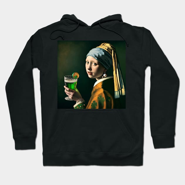 St. Paddy's Pearl: Girl with a Pearl Earring St. Patrick's Day Celebration Hoodie by Edd Paint Something